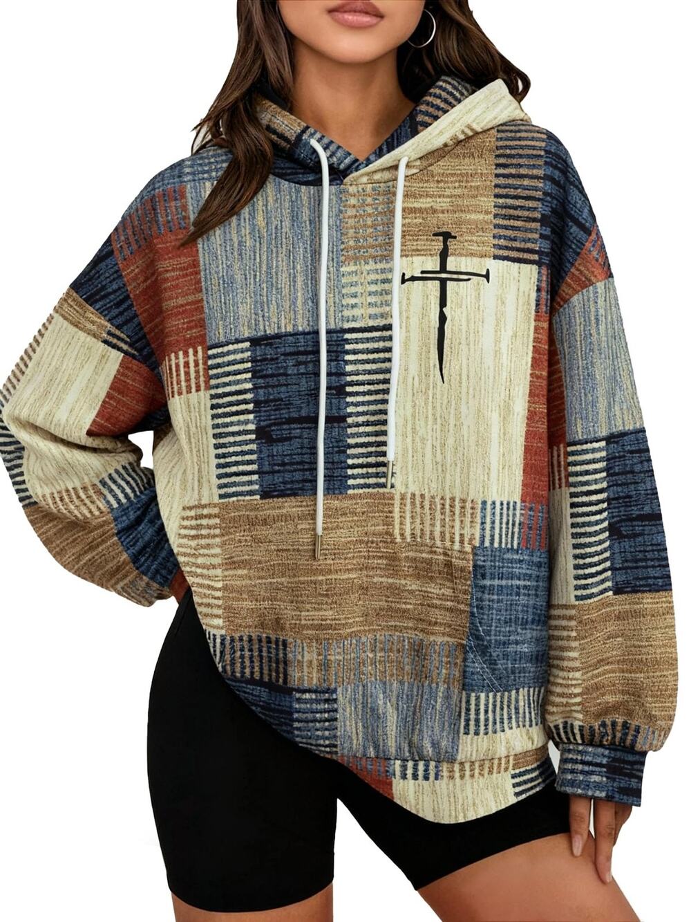 Womens Hoodie Pullover Sweatshirt S Small Multicolor Patchwork Cross Graphic